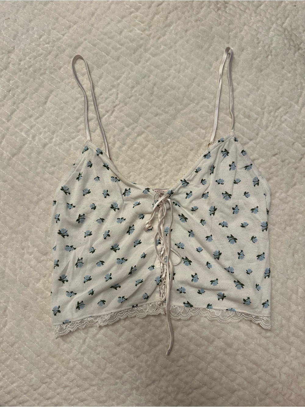 Victoria's Secret White Cami with Blue Floral Print & Lace Trim